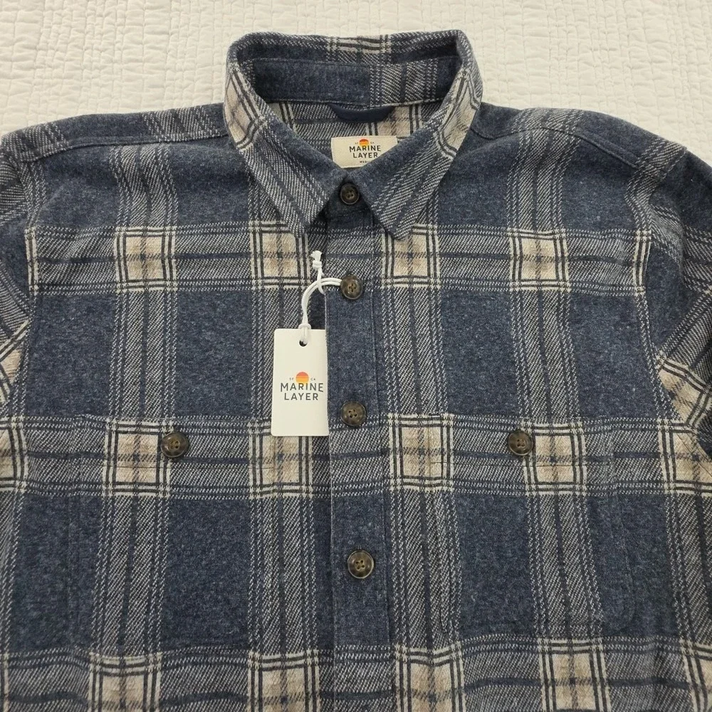Marine Layer Pacifica Stretch Twill Shirt Mens Medium Blue Plaid $148 NWT NEW
